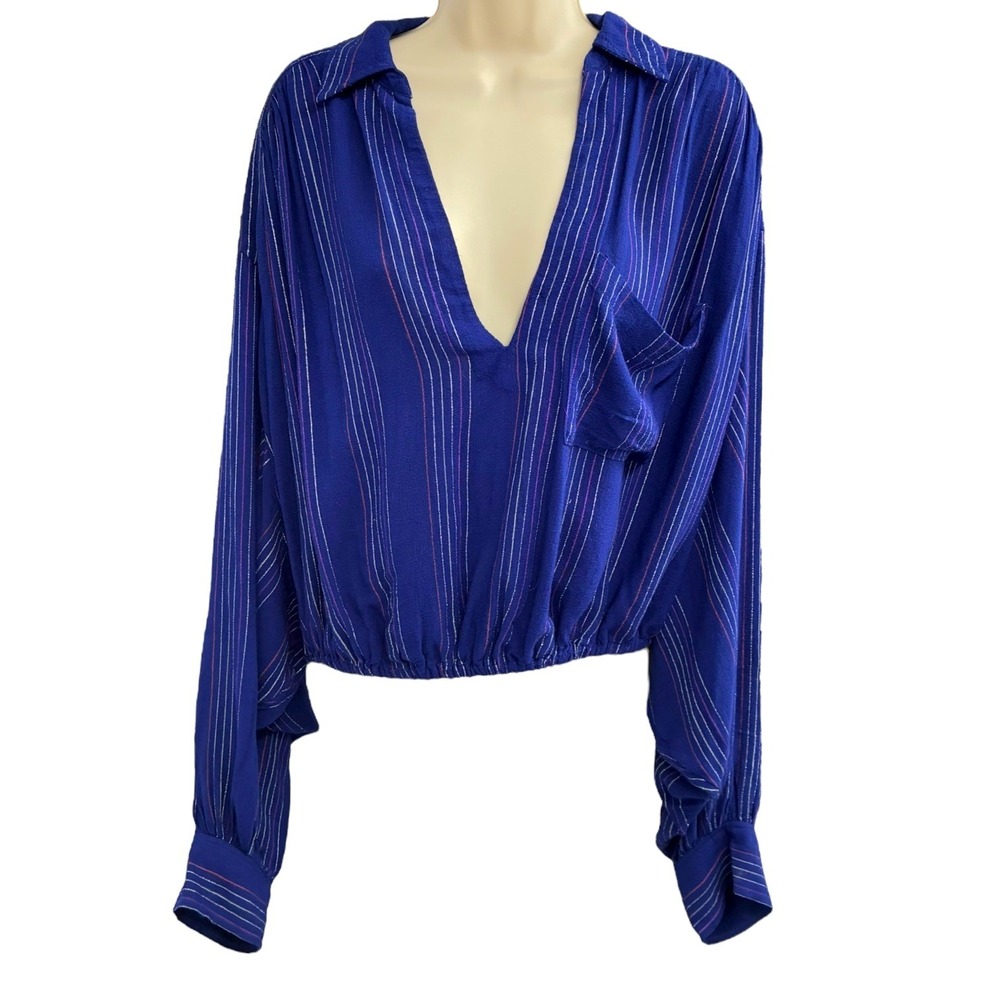 Free People Metallic Stripe‎ Blouse Cropped Dolman Sleeve Blue Womens S